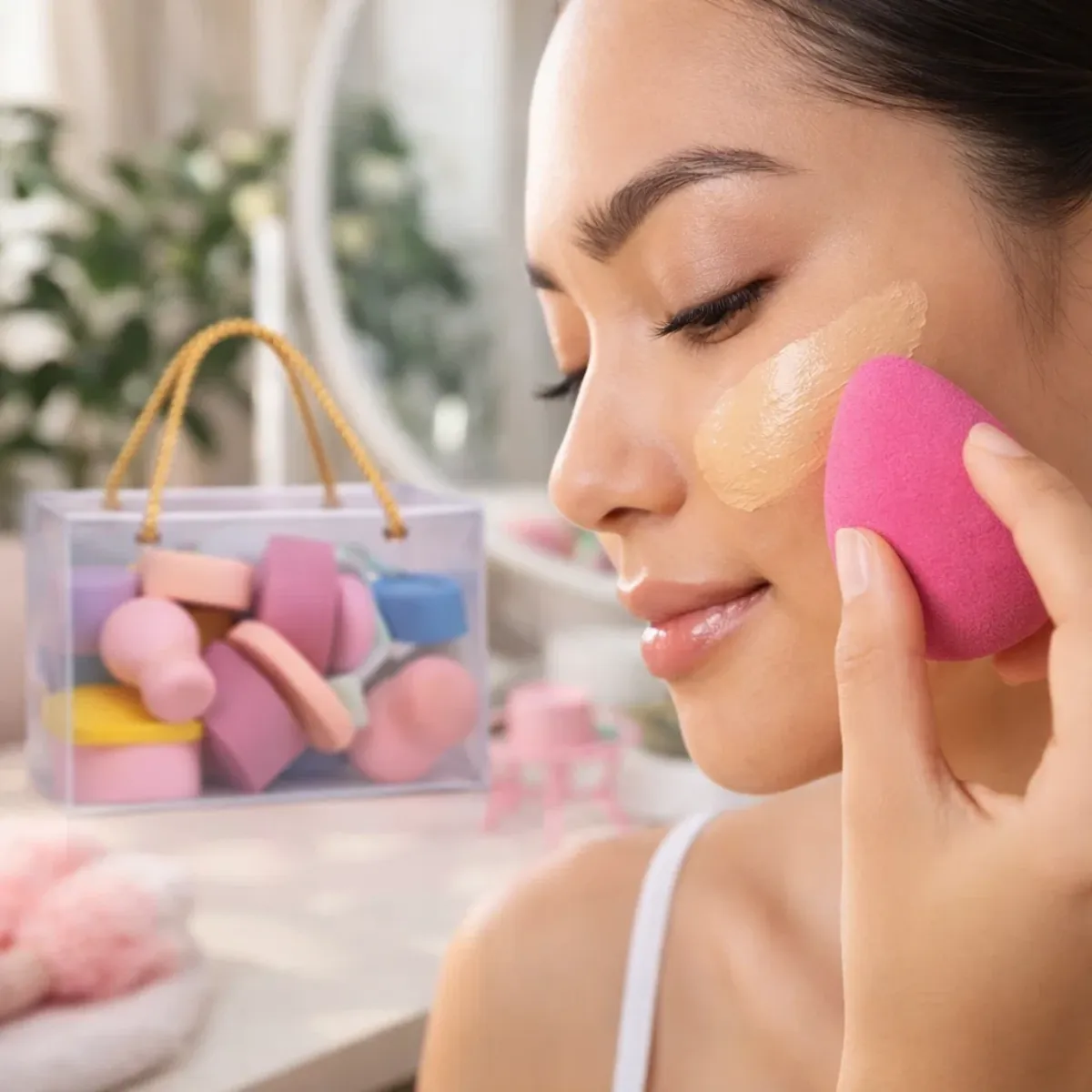 Mulher aplicando base no rosto com esponja de maquiagem rosa, ao lado do kit de esponjas coloridas