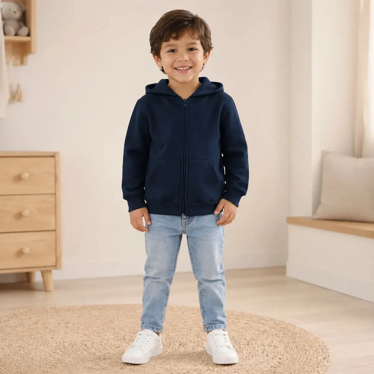Menino com jaqueta Malwee azul-marinho de capuz e zíper