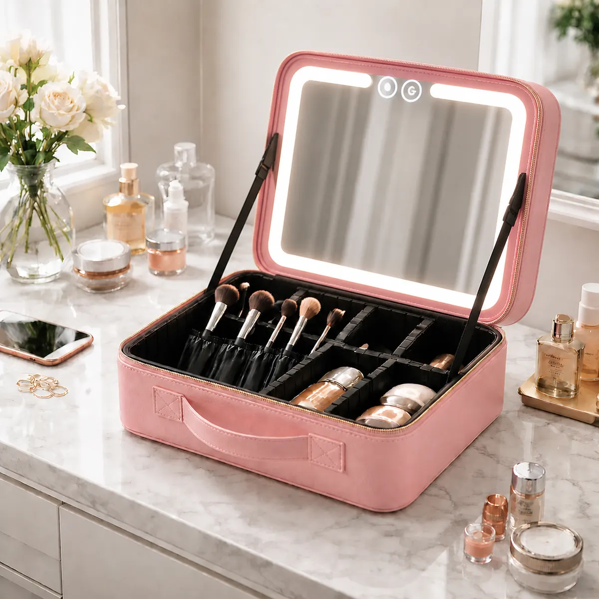 Necessaire rosa com espelho iluminado, aberta sobre uma penteadeira